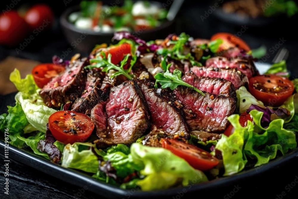 A vibrant plate of steak salad featuring fresh lettuce and juicy tomatoes. A vibrant plate of steak salad featuring fresh lettuce and juicy tomatoes.