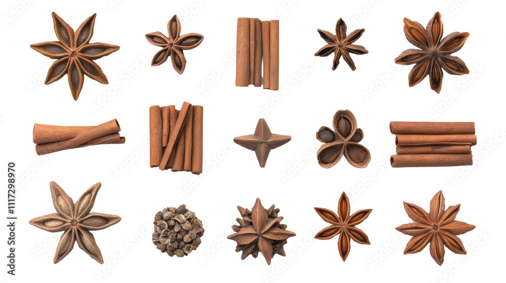 Set cinnamon sticks and star anise seeds isolated on transparent background Set cinnamon sticks and star anise seeds isolated on transparent background