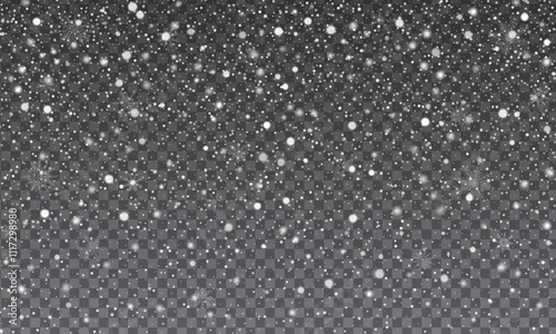 Frosty snowflakes falling on a transparent background. Winter heavy snowfall, Frosty landscape delicate snowflakes for Christmas, New Year, seasonal events, festive winter scene designs, holiday cards