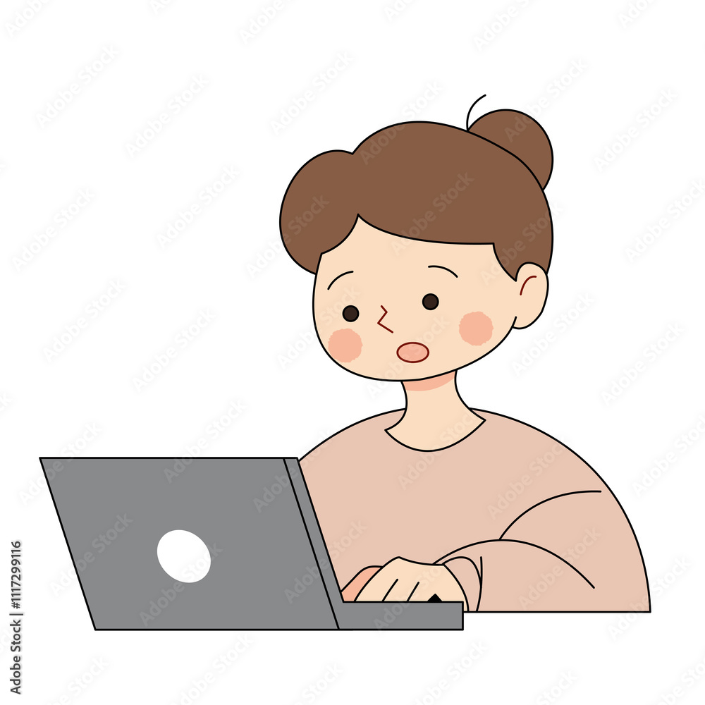 ノートパソコンで作業・仕事する若い女性（発見、気付き）