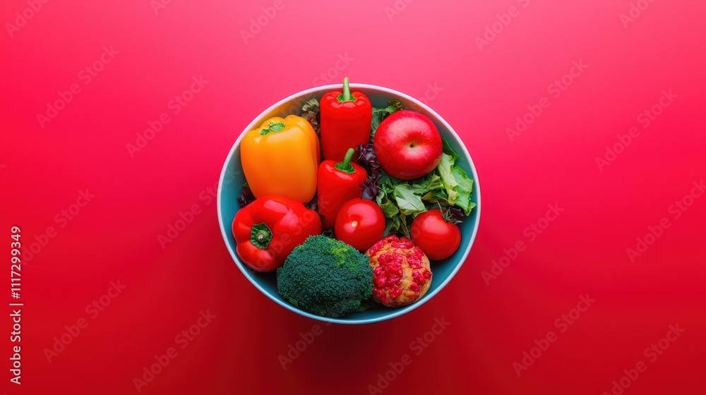 Healthy salad bowl promoting obesity awareness and health benefits vibrant red background positive lifestyle concept Healthy salad bowl promoting obesity awareness and health benefits vibrant red background positive lifestyle concept