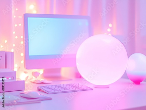 A serene workspace featuring soft pink lighting and modern decor elements.