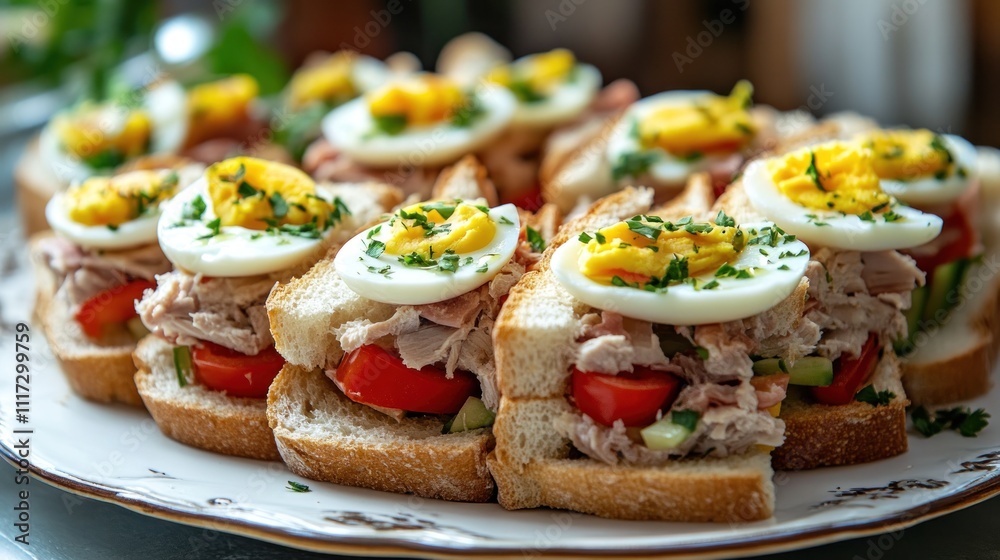 A platter of Italian tramezzini sandwiches with various fillings like tuna, egg, and vegetables, served on soft white bread A platter of Italian tramezzini sandwiches with various fillings like tuna, egg, and vegetables, served on soft white bread