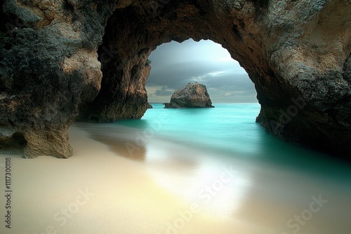 Serene algarve beach  captivating natural rock arch with soft sands and tranquil turquoise waters