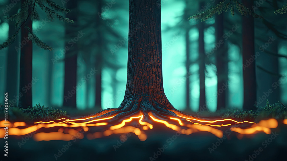 A mystical forest scene featuring a tree with glowing lava-like roots ...