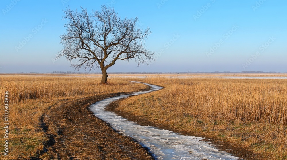 A solitary tree stands sentinel over a winding dirt road through a golden field, traces of winter ice reflecting the pale morning light. A solitary tree stands sentinel over a winding dirt road through a golden field, traces of winter ice reflecting the pale morning light.