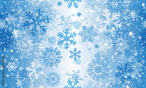 Vector Christmas and New-Yesr hand drawn blue transparency gradient seamless pattern with doodle snowflakes and stars and bokeh