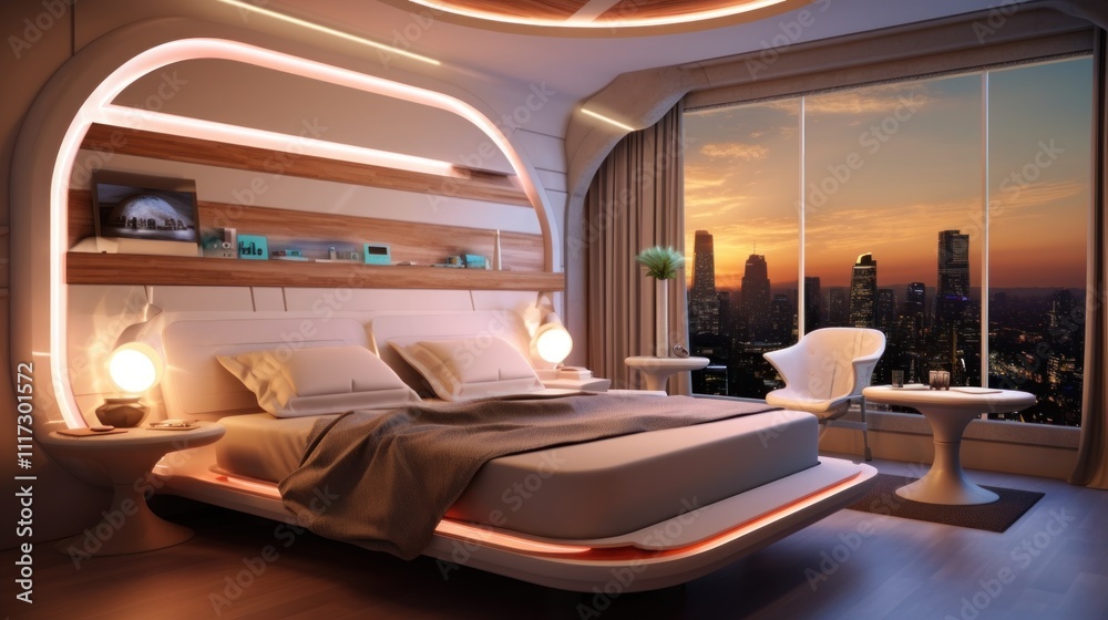 Futuristic Bedroom Design With Cityscape View At Sunset Futuristic Bedroom Design With Cityscape View At Sunset