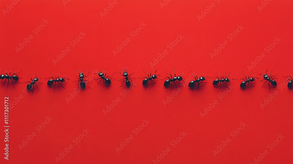 Black ants arranged in a row on red. Illustrates teamwork, unity, or pest control. Black ants arranged in a row on red. Illustrates teamwork, unity, or pest control.