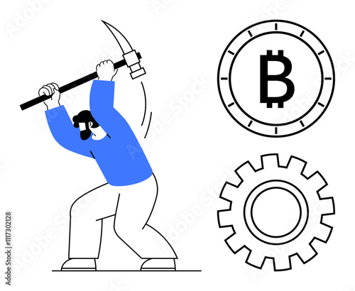 Character using a pickaxe to mine cryptocurrency represented by the Bitcoin symbol and a gear wheel. Ideal for blockchain, cryptocurrency, digital currency, tech innovation, online transactions