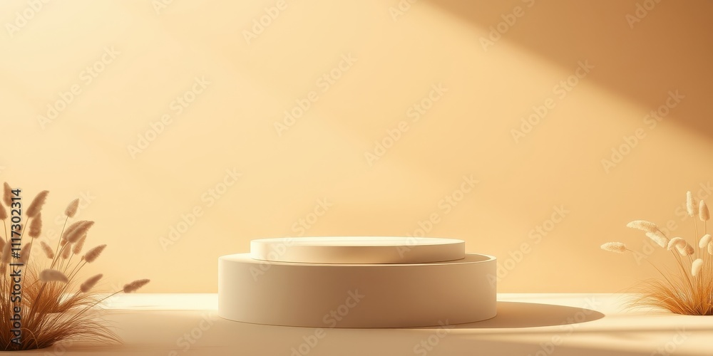 A Minimalist Display Featuring a Double-Layered Round Platform Set Against a Light Beige Background with Two Clusters of Dried Grass on Each Side A Minimalist Display Featuring a Double-Layered Round Platform Set Against a Light Beige Background with Two Clusters of Dried Grass on Each Side