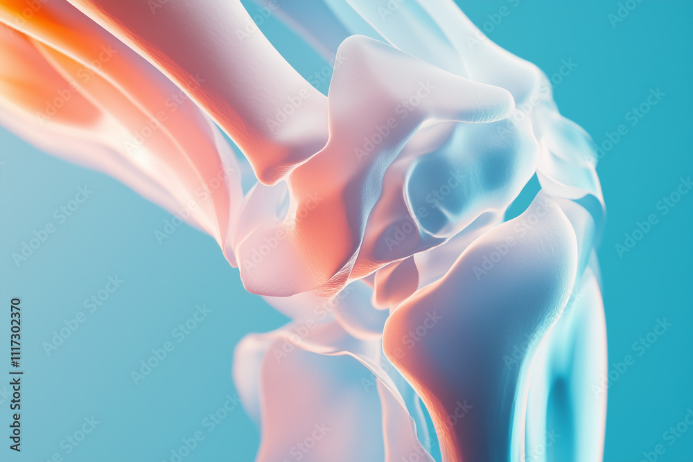 3D rendered illustration of the knee joint, close-up on knees and legs, light blue background, medical style, 3D rendered illustration of the knee joint, close-up on knees and legs, light blue background, medical style,