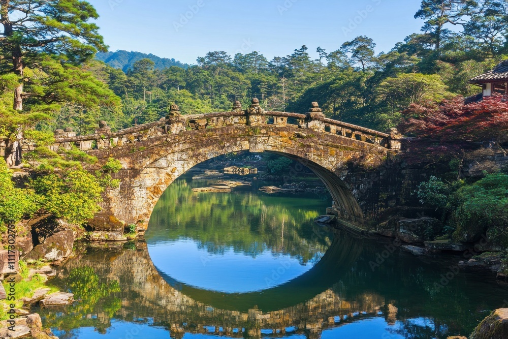 A serene stone bridge arches over a calm lake, surrounded by lush greenery and mountains. A serene stone bridge arches over a calm lake, surrounded by lush greenery and mountains.