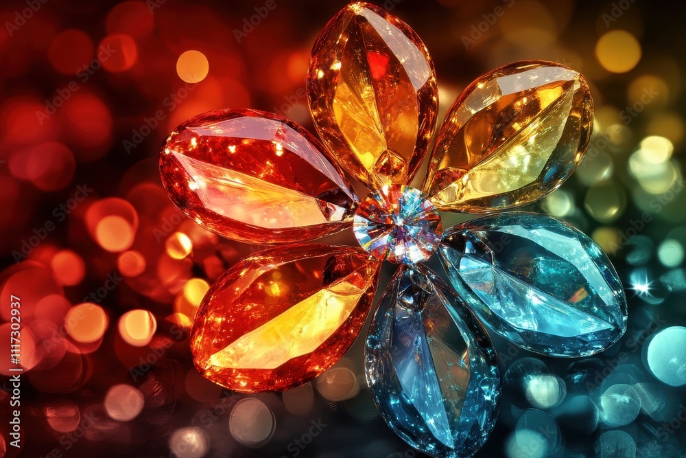 A vibrant crystal flower, red, orange, and blue hues. Perfect for luxury, jewelry, or festive designs. A vibrant crystal flower, red, orange, and blue hues. Perfect for luxury, jewelry, or festive designs.