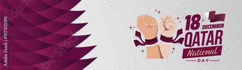 Elegant Qatar national day 2024 celebration banner design with rising hand and flag on modern abstract background. Qatar background, template, poster, design, greeting. Vector Ilustration