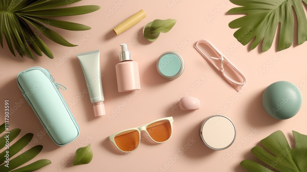 Top view of travel sized skincare and accessories on pink background Top view of travel sized skincare and accessories on pink background
