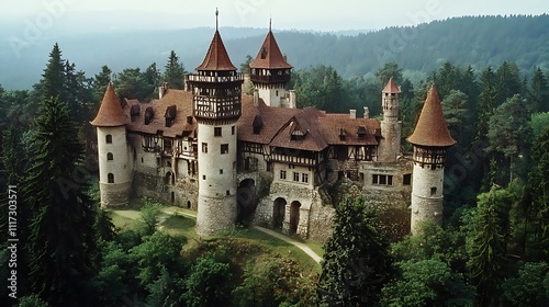 Majestic medieval castle nestled in a lush forest, showcasing its architecture and serene surroundings.