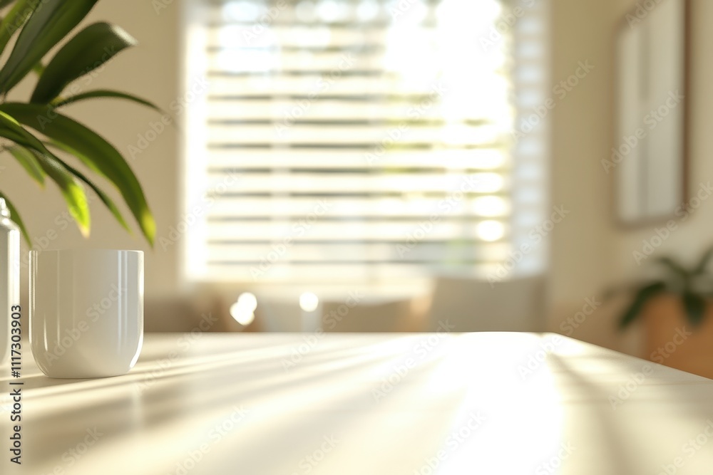 A sunlit interior featuring a plant and a white cup on a table, creating a serene atmosphere. A sunlit interior featuring a plant and a white cup on a table, creating a serene atmosphere.