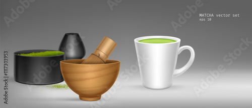 3d green matcha powder. Japan tea or latte drink product banner. Japanese macha cofee ceremony display for advertising. Realistic bamboo bowl with asian herbal detox and whisk scene for mockup.