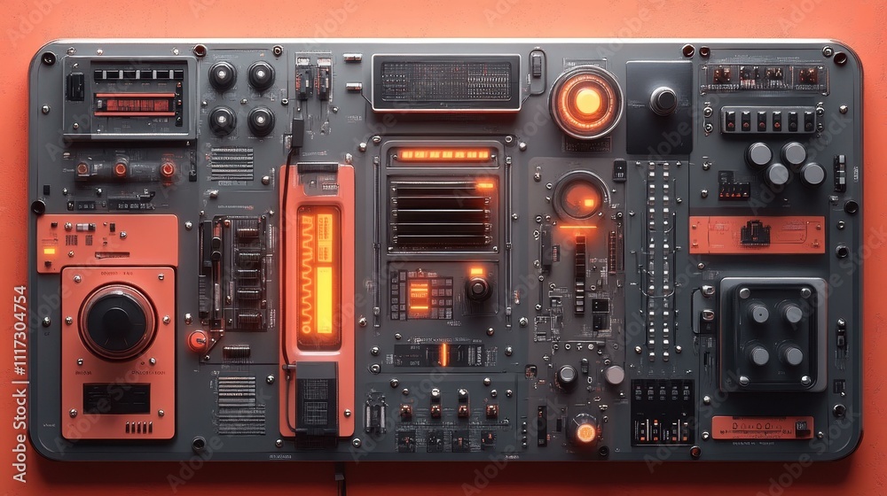 Obraz premium Futuristic electronic control panel with glowing orange lights, buttons, switches, and dials, used for sci-fi movies, technology presentations, gaming interfaces, or industrial design, dark backgroun