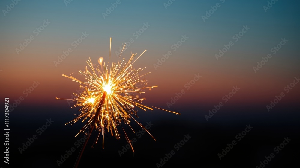 Fototapeta premium A single sparkler burns brightly against a colorful twilight sky, creating a dazzling display of light and movement.