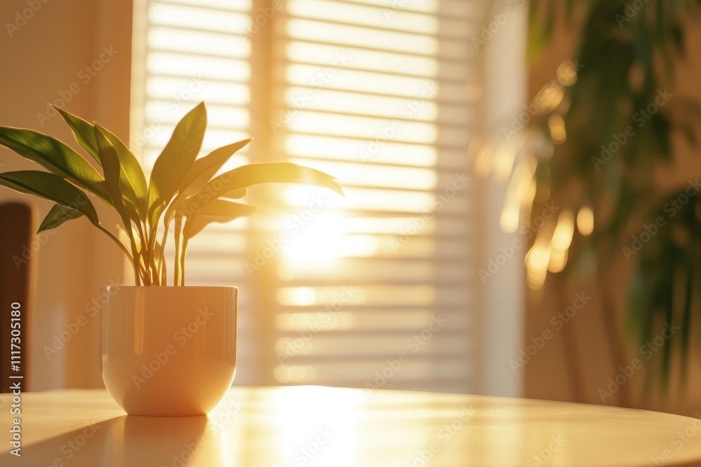 A serene indoor scene featuring a potted plant and sunlight filtering through blinds. A serene indoor scene featuring a potted plant and sunlight filtering through blinds.