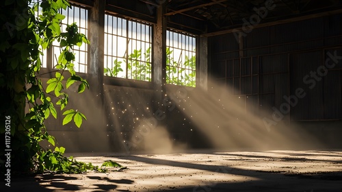 Dust Particles Floating in Sunlight Inside an Abandoned Interior Stockade Surrounded by Greenery and Neglected Vines photo