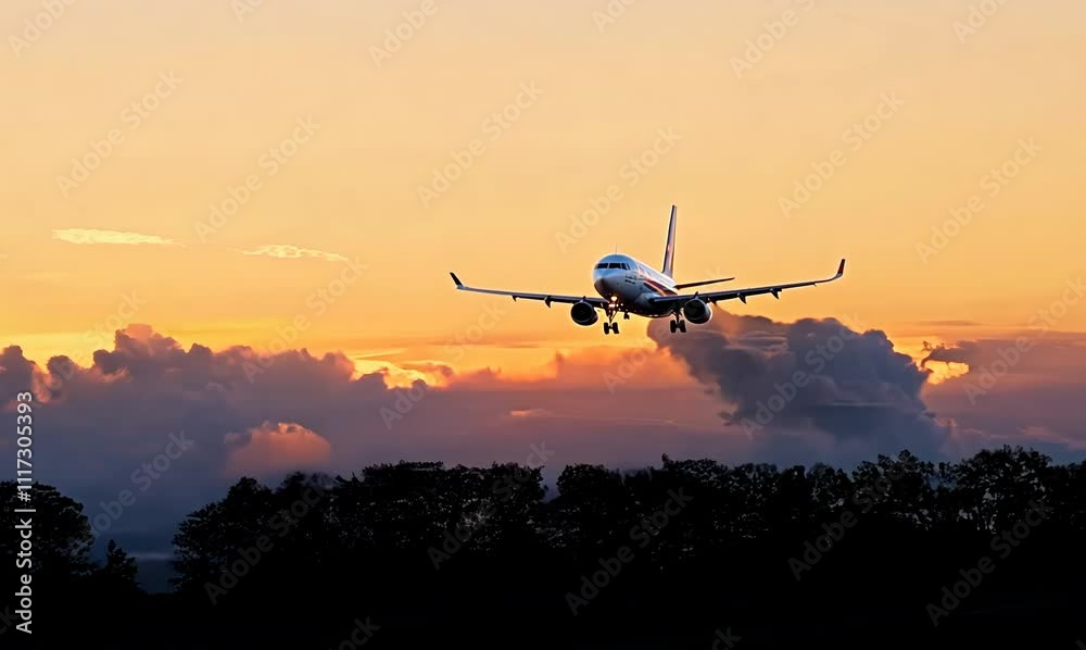 airplane taking off at sunset with vibrant colors and serene landscape airplane taking off at sunset with vibrant colors and serene landscape