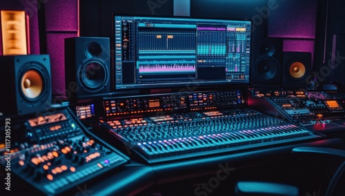 Large monitors and mixers create a high-tech music production environment.