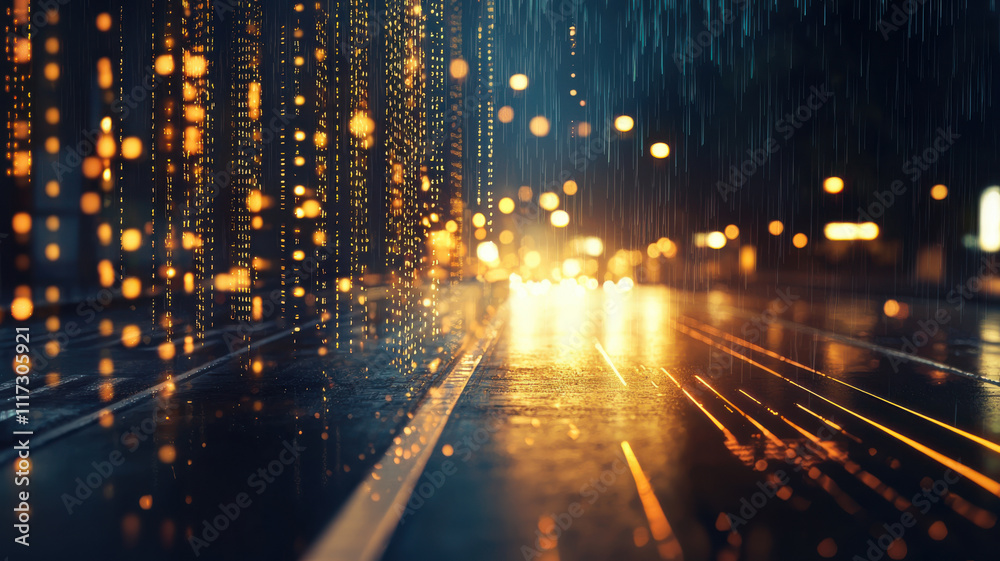 Digital cityscape with rain and glowing lights creating vibrant atmosphere Digital cityscape with rain and glowing lights creating vibrant atmosphere