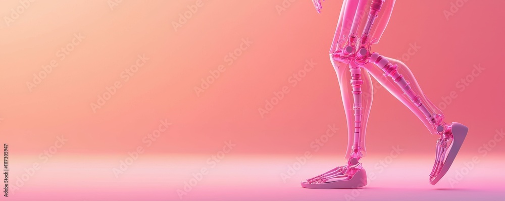 Dynamic movement of a transparent skeleton model on a pink gradient background digital art science concept exploration