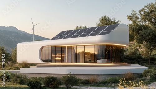Sustainable modern home design eco-friendly community architectural photography scenic landscape elevated viewpoint green living concept