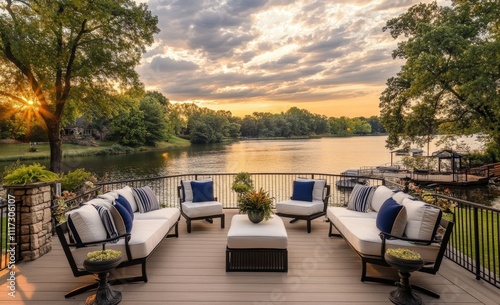 Stylish Outdoor Seating with Navy Blue Accents photo