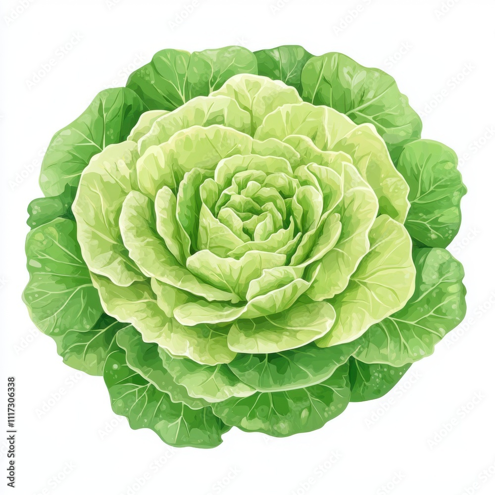 Fototapeta premium Fresh Green Lettuce Head with Lush Leaves, Perfect for Healthy Recipes, Salads, and Culinary Illustrations, Ideal for Organic Farming and Gardening Themes