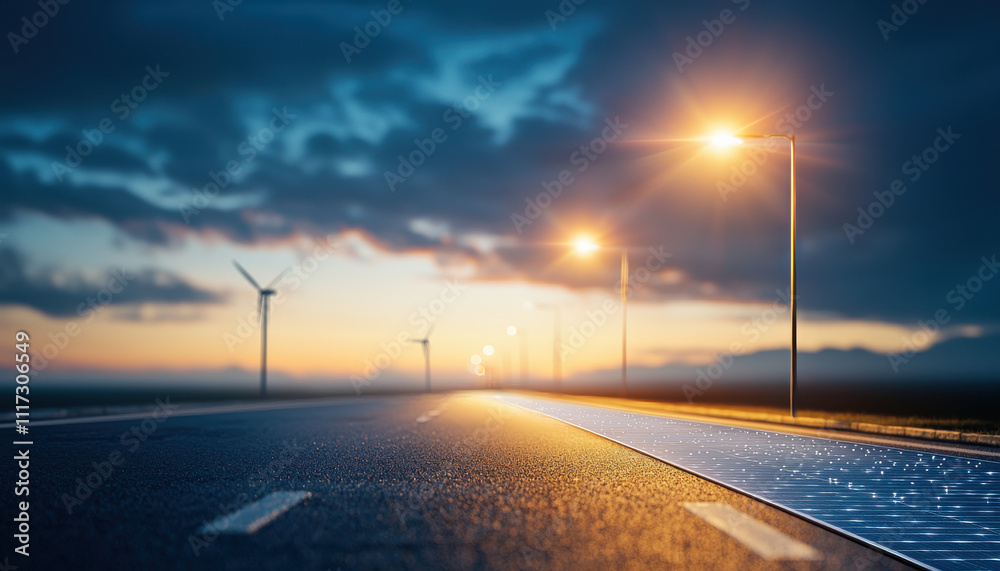 Futuristic road with solar panels and wind turbines at sunset Futuristic road with solar panels and wind turbines at sunset