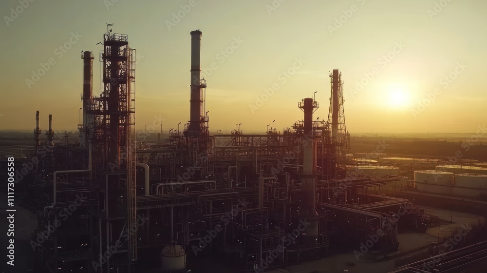 Fototapeta premium Industrial Refinery Sunset Silhouette Complex Structure