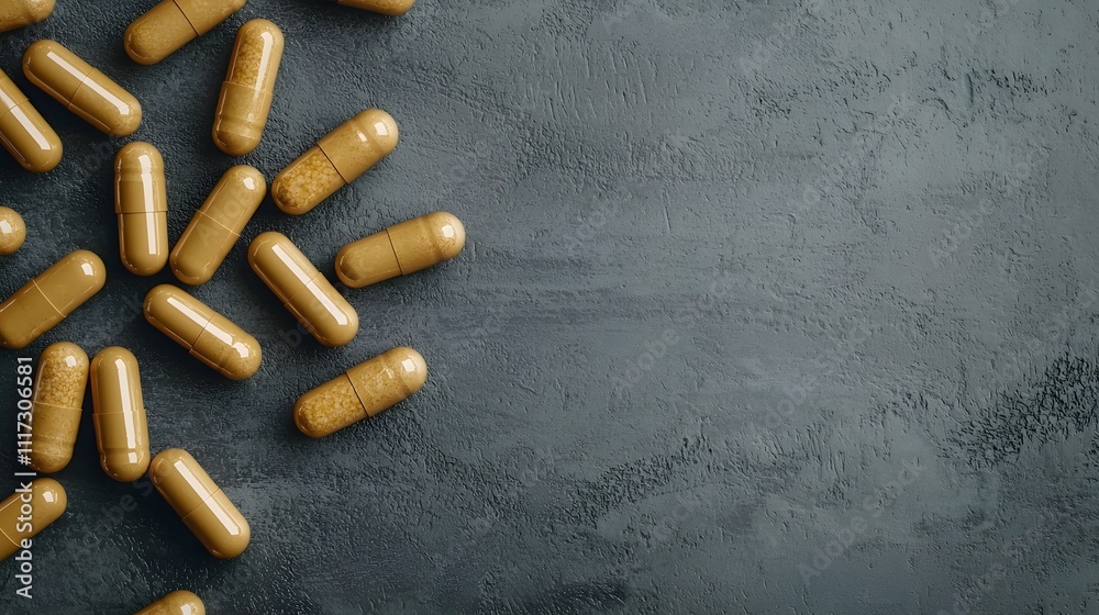 A Minimalist Arrangement of Scattered Capsules on a Textured Surface, Ideal for Health and Wellness Conceptual Imagery in Stock Photography A Minimalist Arrangement of Scattered Capsules on a Textured Surface, Ideal for Health and Wellness Conceptual Imagery in Stock Photography