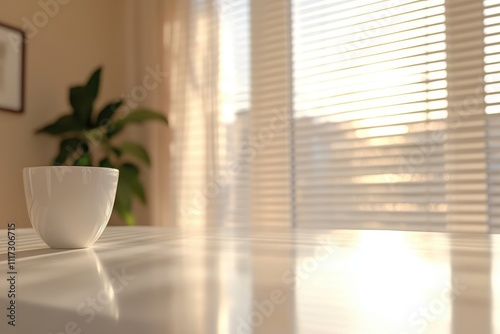 A serene interior scene featuring a white cup on a table with sunlight filtering through blinds.