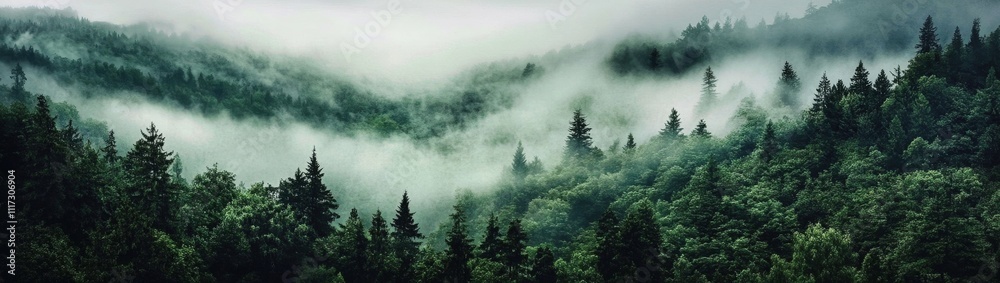 Enchanting mist envelops a serene forest landscape. Enchanting mist envelops a serene forest landscape.