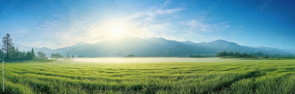 Sunny morning light illuminating the misty scenery. 