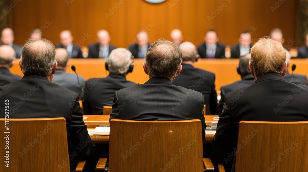 Obraz premium Corporate meeting discussing economic policies conference room business event professional environment wide angle viewpoint governance concepts