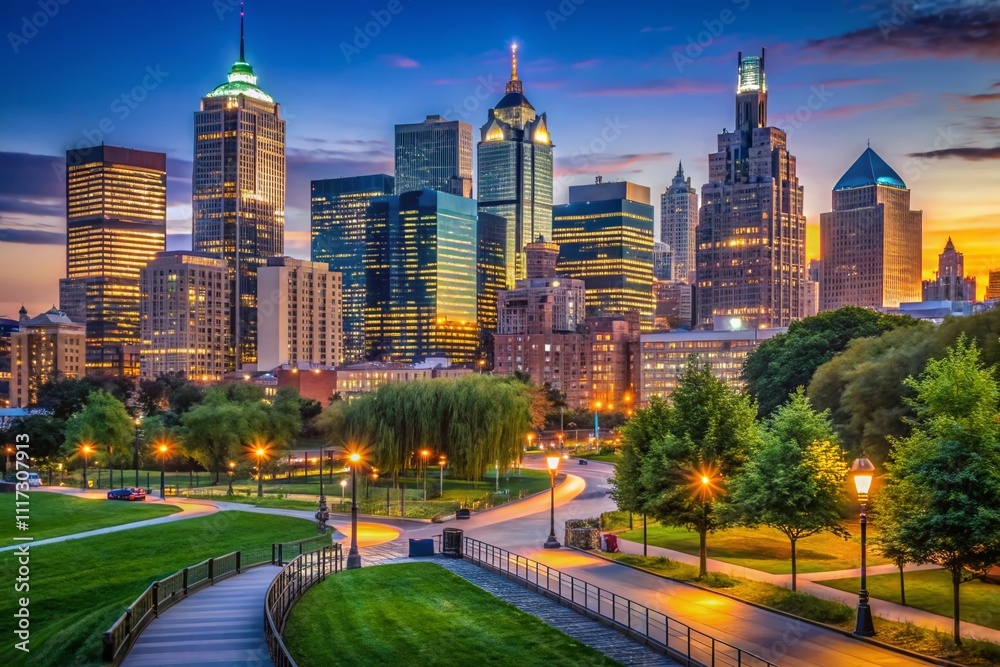 Obraz premium Philadelphia Skyline from Cira Green Park, Pennsylvania, USA - AI Photorealistic