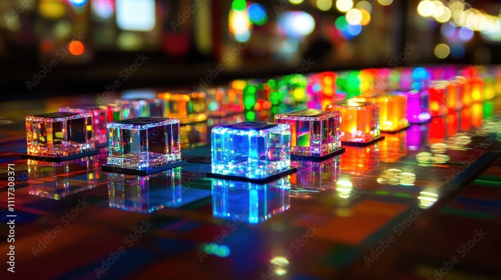 Colorful illuminated cubes in a game machine at night. Colorful illuminated cubes in a game machine at night.
