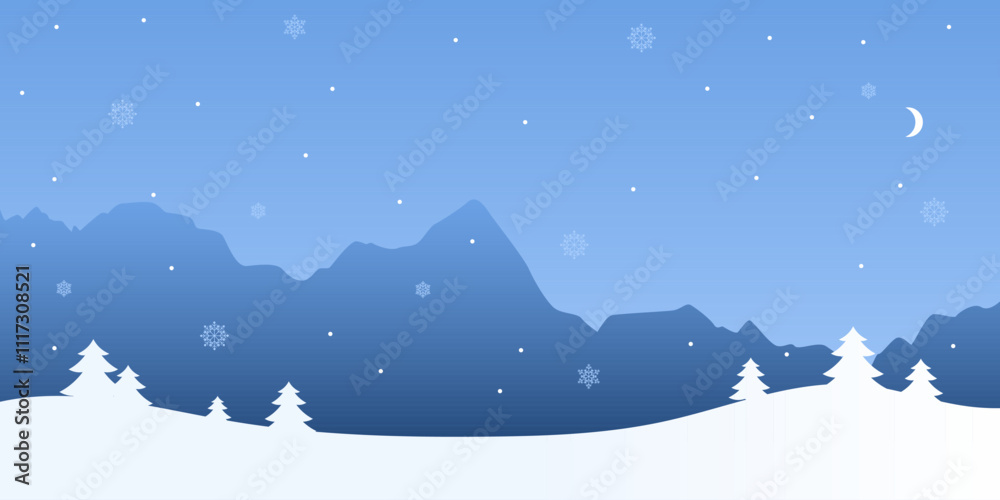 Obraz premium Winter landscape featuring snowy fields and trees with copy space for text. Vector background for for holiday greetings, seasonal banners and promotional designs