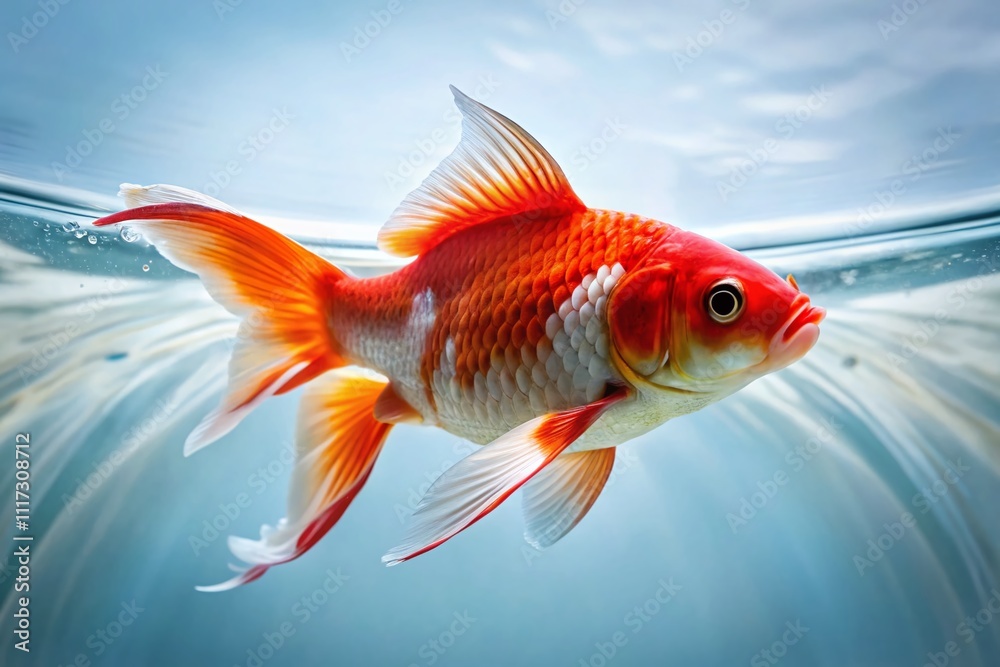 Fototapeta premium Red Koi Fish in Water, Rule of Thirds, Clean Background