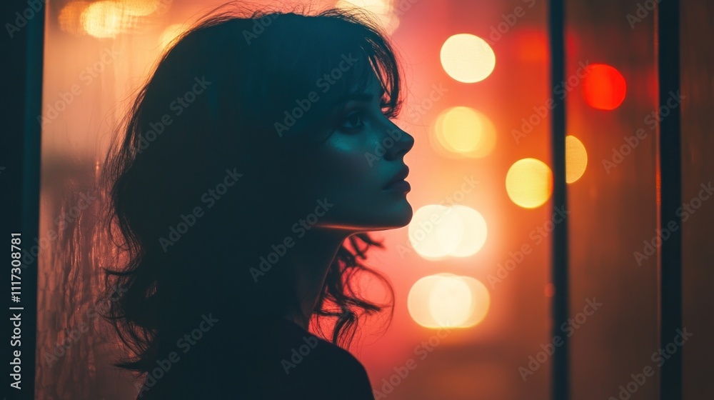 Woman Silhouetted Against City Lights at Night Woman Silhouetted Against City Lights at Night