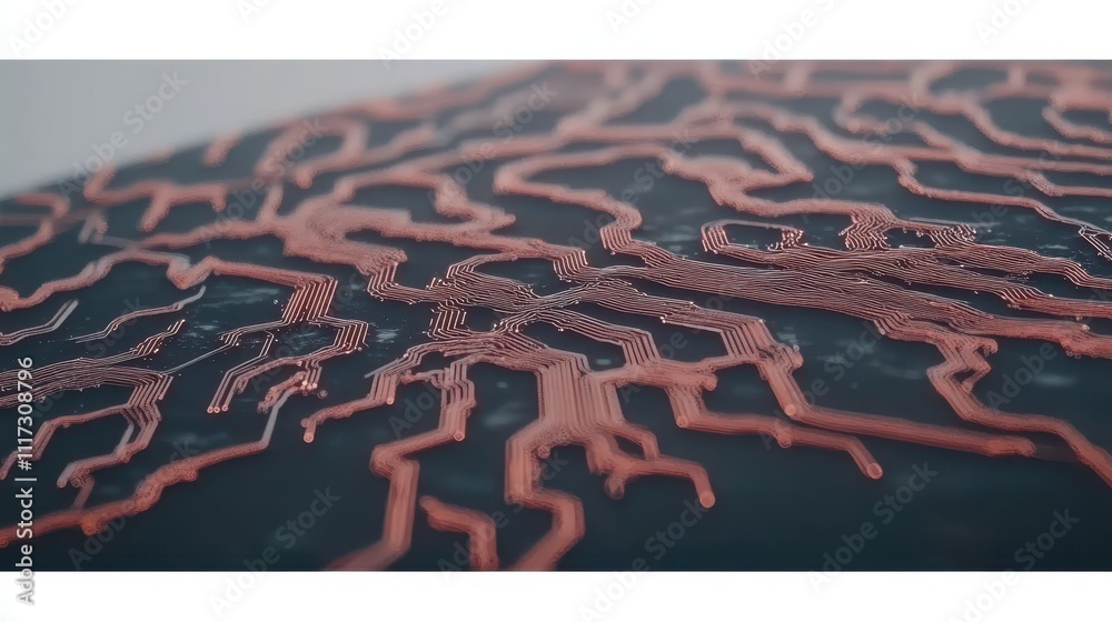 Abstract circuit board pattern, intricate copper lines on dark background. Abstract circuit board pattern, intricate copper lines on dark background.