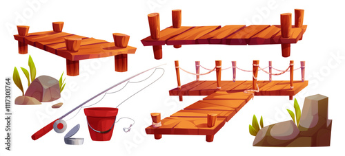Wooden fishing pier with planks, posts and rope railings. Wharf with rocks and plants, fishing rod, bucket and can with bait. Rustic natural design elements for outdoor recreational activities scene.