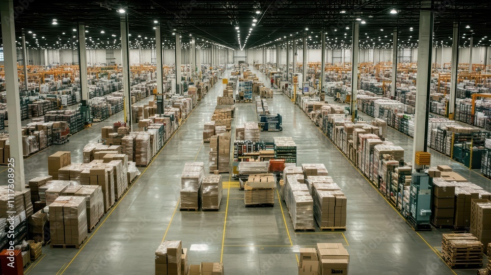 A vast warehouse filled with neatly stacked boxes and shelves. A vast warehouse filled with neatly stacked boxes and shelves.