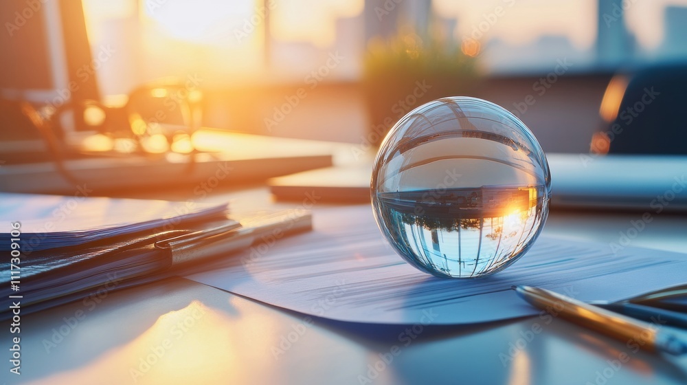 Glass Sphere Reflecting Office Sunset Scene Glass Sphere Reflecting Office Sunset Scene